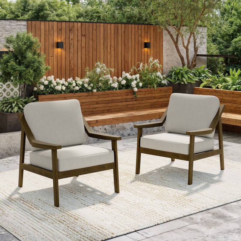 Solid Wood Outdoor Arm Chair Loveseat with Cushion - Brown/Light Camel - 2 Club chairs