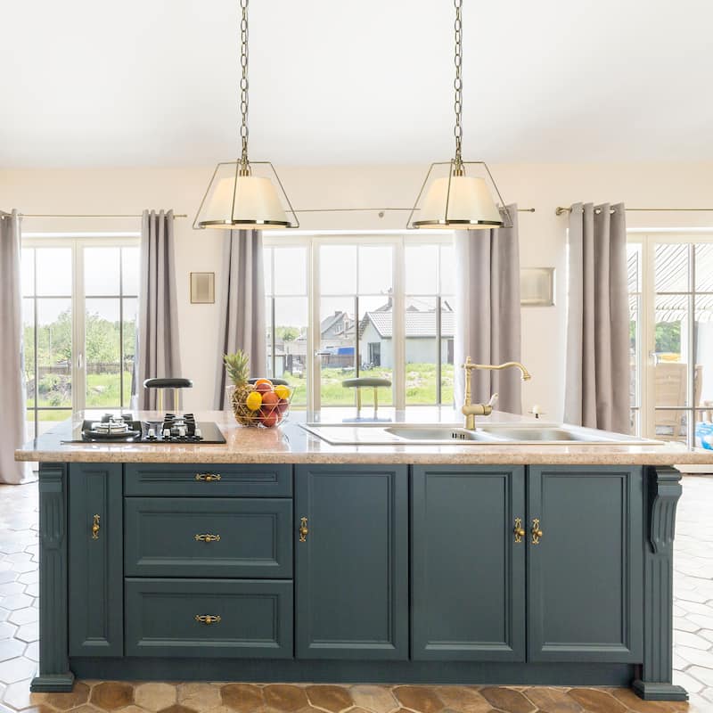 Malury Modern Brass Gold 12 inch Dome Pendant Metal Ceiling Light for Kitchen Island with White Fabric Shade