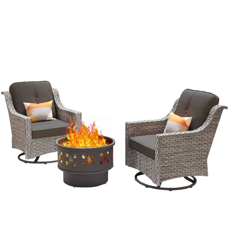 OVIOS 3 Pieces Outdoor Wicker Curved Swivel Chair Set With Fire Table
