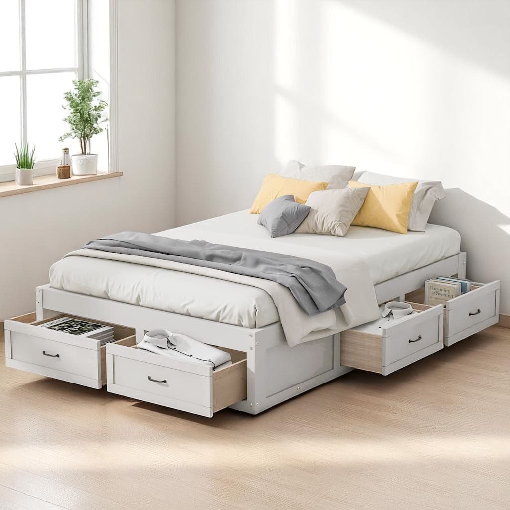 Full/Queen Platform Bed with 6 Storage Drawers, Modern Wood Frame with Slats, No Box Spring Needed