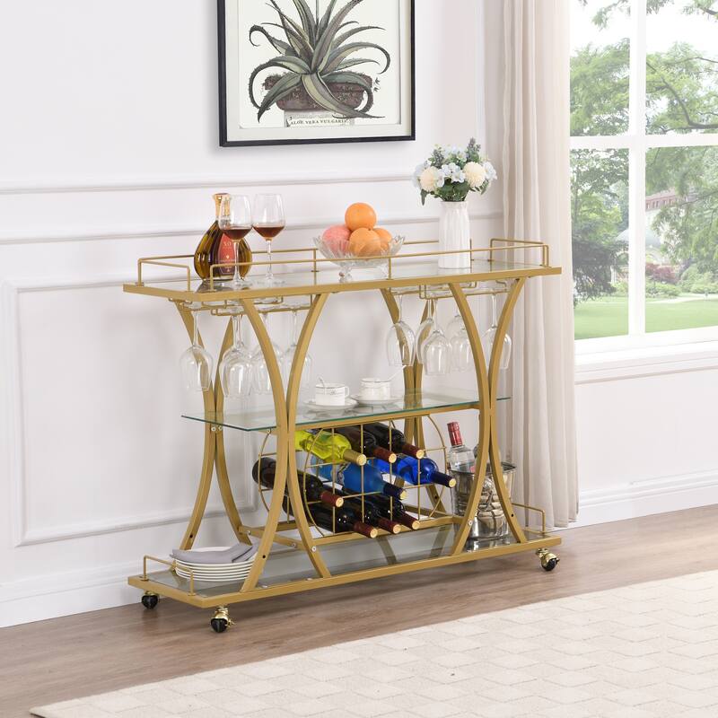 Serving Cart Glass Bar 3-Tier Metal Frame and Shelf