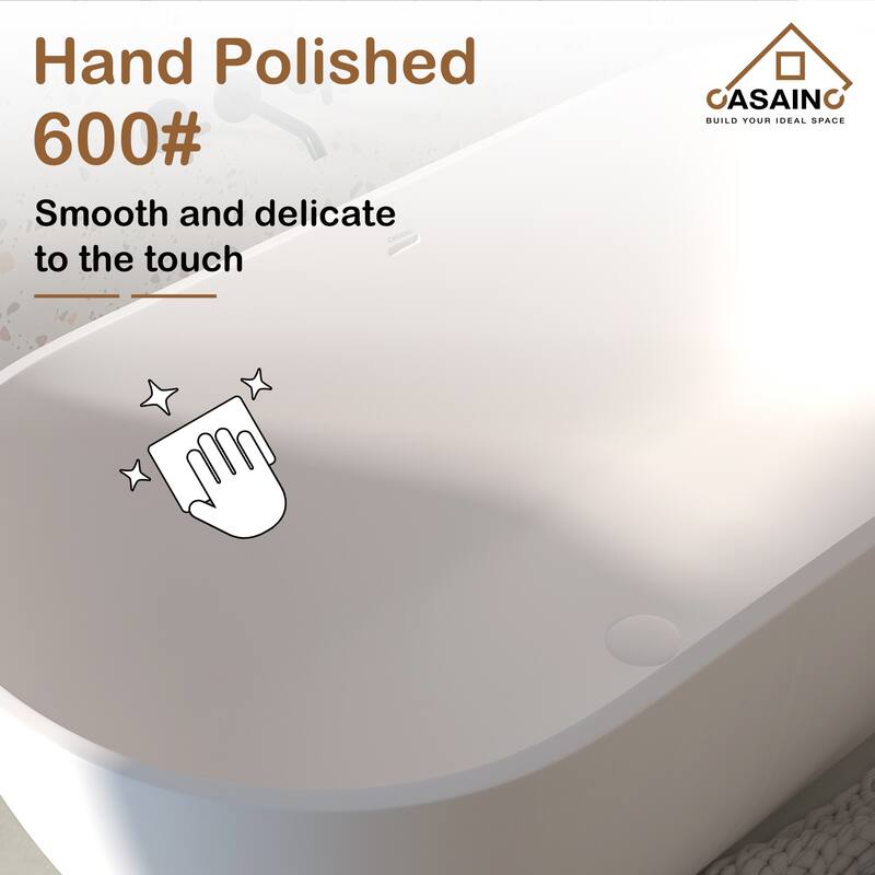 59 in. x 22 in. Solid Surface Stone Resin Stand Alone Freestanding Soaking Bathtub in Matte White with Center Drain