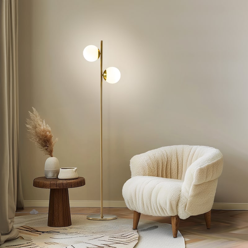 Brightech Sphere 65 in. Antique Brass Modern 2-Light LED Super Bright Floor Lamp with 2 Frosted White Glass Globe Shades