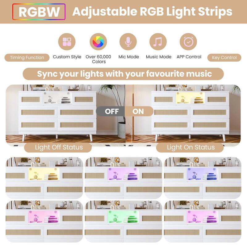 6-Drawer Rattan Dresser with LED Light & Charging Station, Modern Double Chest for Bedroom