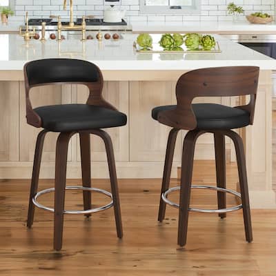 26.in Modern Set of 2 Leather Bar Stool Swivel Upholstered Hollow Back Counter Height Barstool with Wood Frame