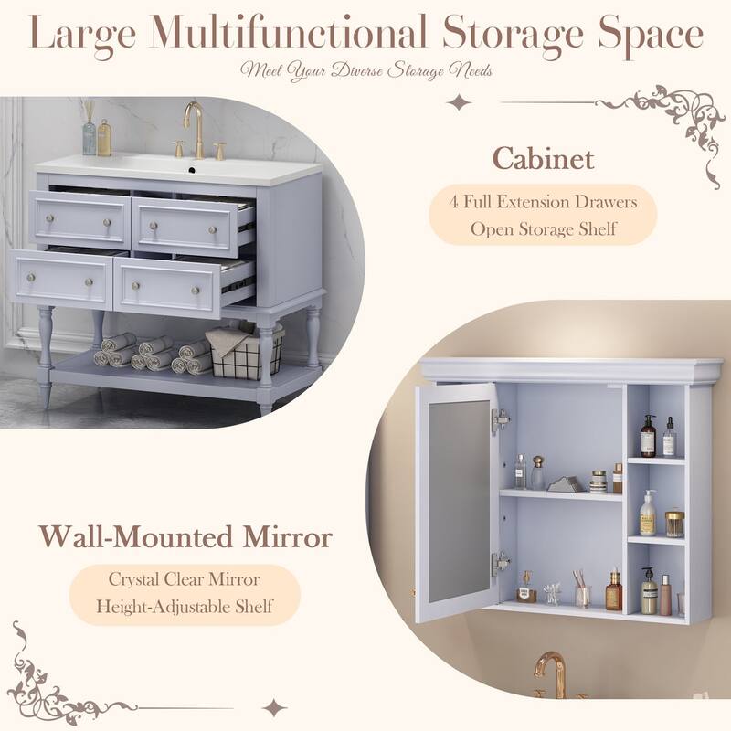 36 inch MDF Freestanding Bathroom Vanity Set with Integrated Resin Sink with Mirror cabinet