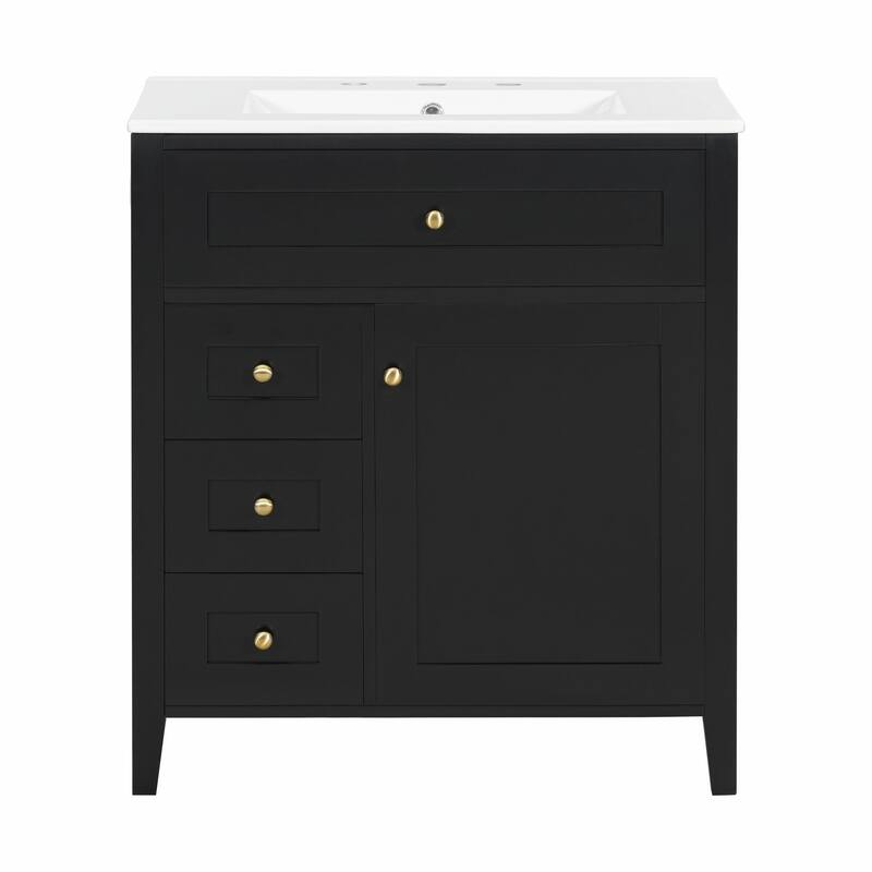 Bathroom Vanity with Sink, Modern MDF and Rubberwood Cabinet with 3 Drawers and Adjustable Shelf