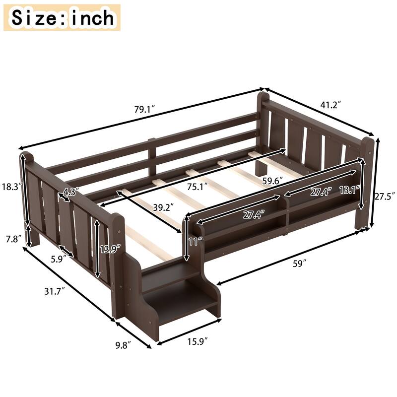 Full/Twin Floor Bed with Storage Bookcases & Cute Stairs - Solid Wood Kids Bed, No Box Spring