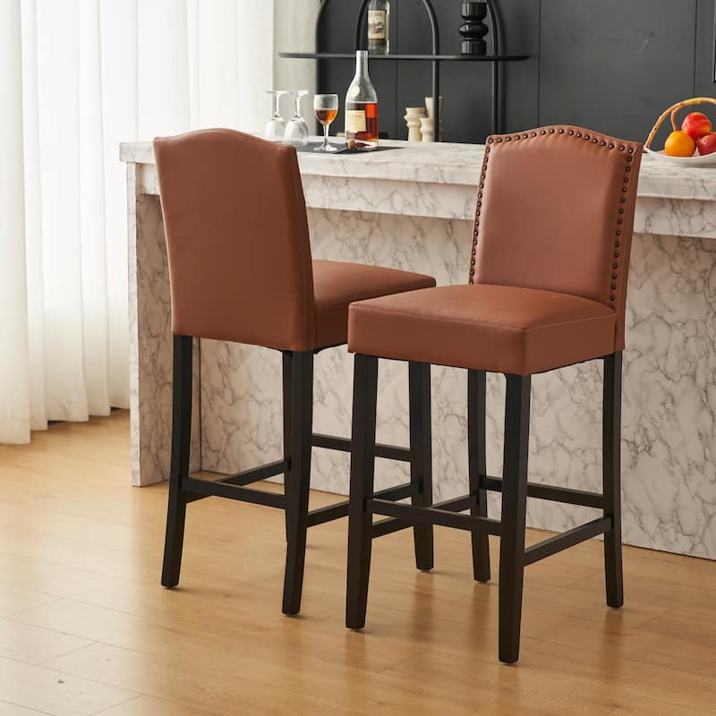 Roomfitters Upholstered Counter Height Barstool Set of 2, PU Faux Leather Seat with Rubberwood Legs - Brown