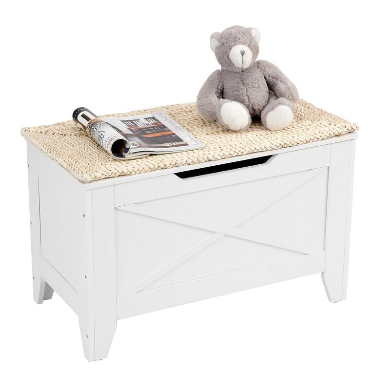 2 Pieces Storage Wooden Ottoman, Flip Top Ottoman Bench Set with Hand Weave Poufs Padded, Bed End Stool Set, Foot Rest Set