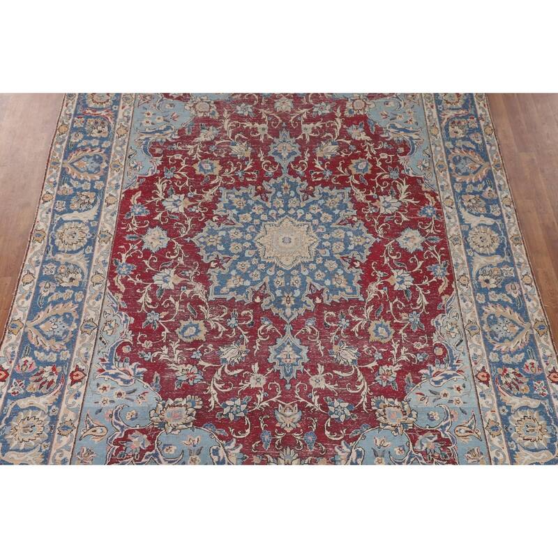 Distressed Mashad Persian Vintage Area Rug Hand-Knotted Wool Carpet - 8'5" x 11'5"