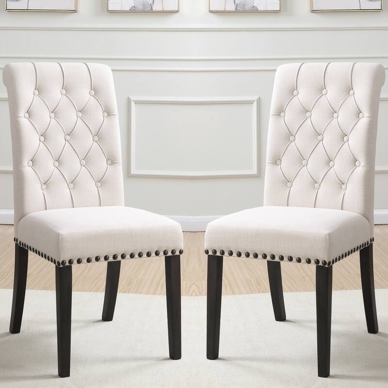 Rolled Back Design Button Tufted Beige Dining Chairs with Nailhead Trim (Set of 2)