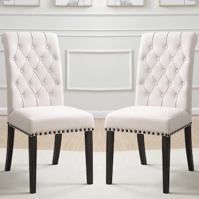 Rolled Back Design Button Tufted Beige Dining Chairs with Nailhead Trim (Set of 2)