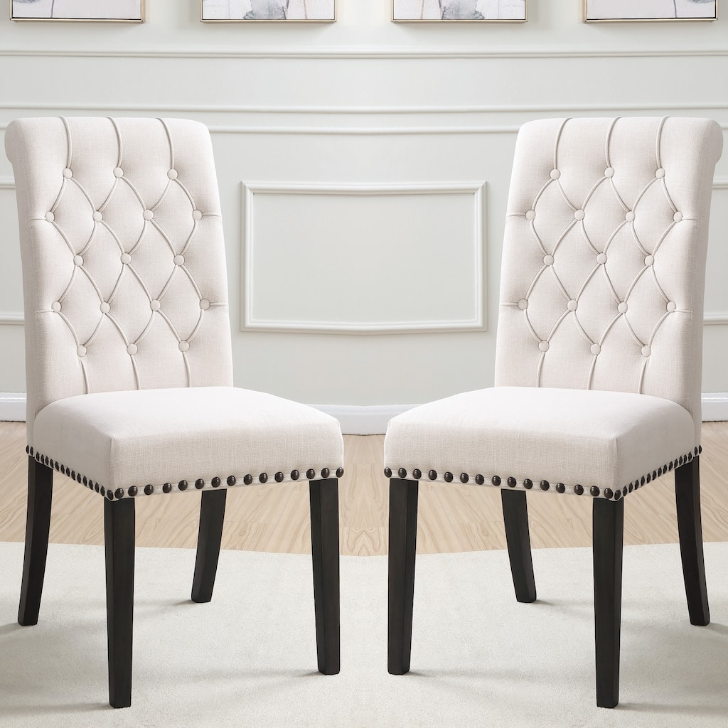 Rolled Back Design Button Tufted Beige Dining Chairs with Nailhead Trim (Set of 2)