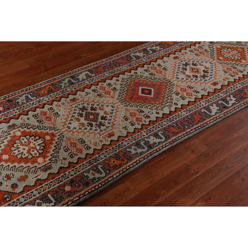 Hand Knotted Oriental 100% Wool Carpet Traditional Geometric Green Heriz (serapi) Runner Rug - 8' 2'' X 2' 6''