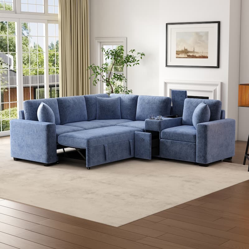 L-Shaped Modular Sectional Sofa with Pull-Out Bed, Chenille Convertible Sleeper Sofa Bed with Cup Holders & Multiple Storage