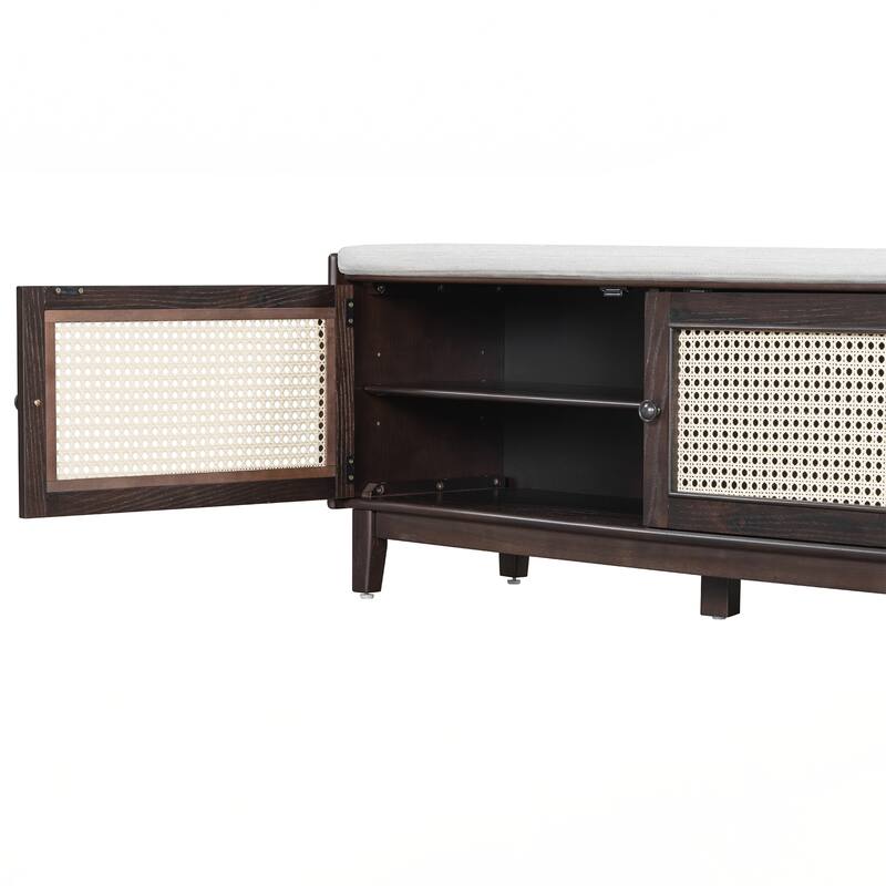 Rattan Entryway Bench with Storage, Cushioned Shoe Bench with Double Doors