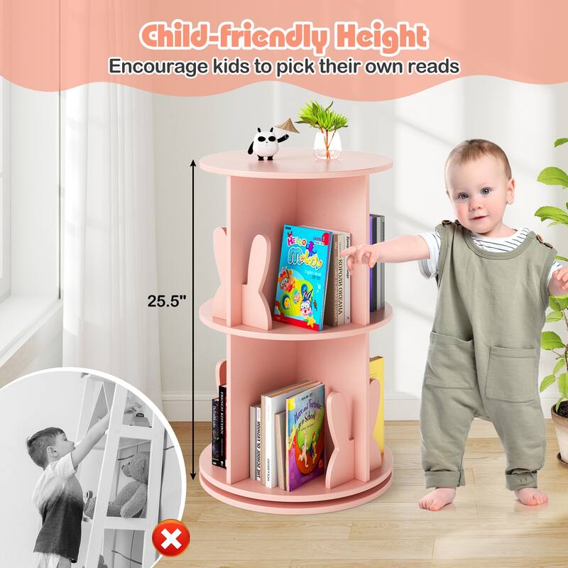 MDF Kids Rotating Bookshelf 8 Compartments 360-degree Swivel with Bunny Baffles - 16" L x 16” W x 25.5" H
