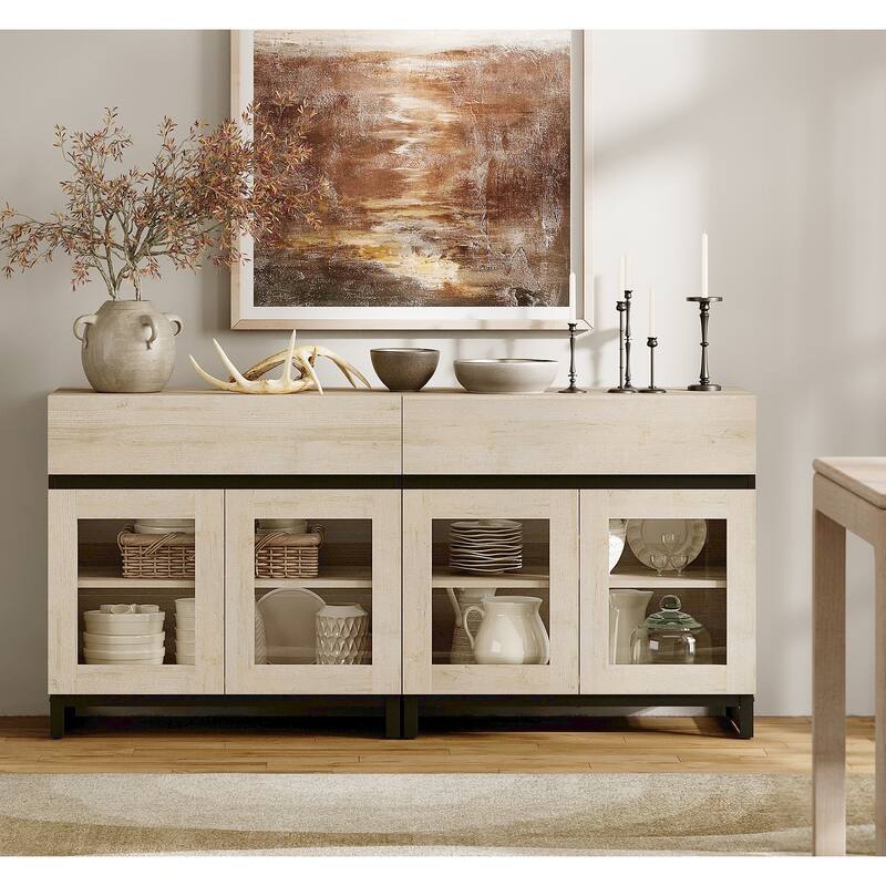 WAMPAT Multifunctional Sideboard Buffet Cabinets with 6 Glass Doors and Drawers, Modern Sideboard, Coffee Bar Storage Cabinet