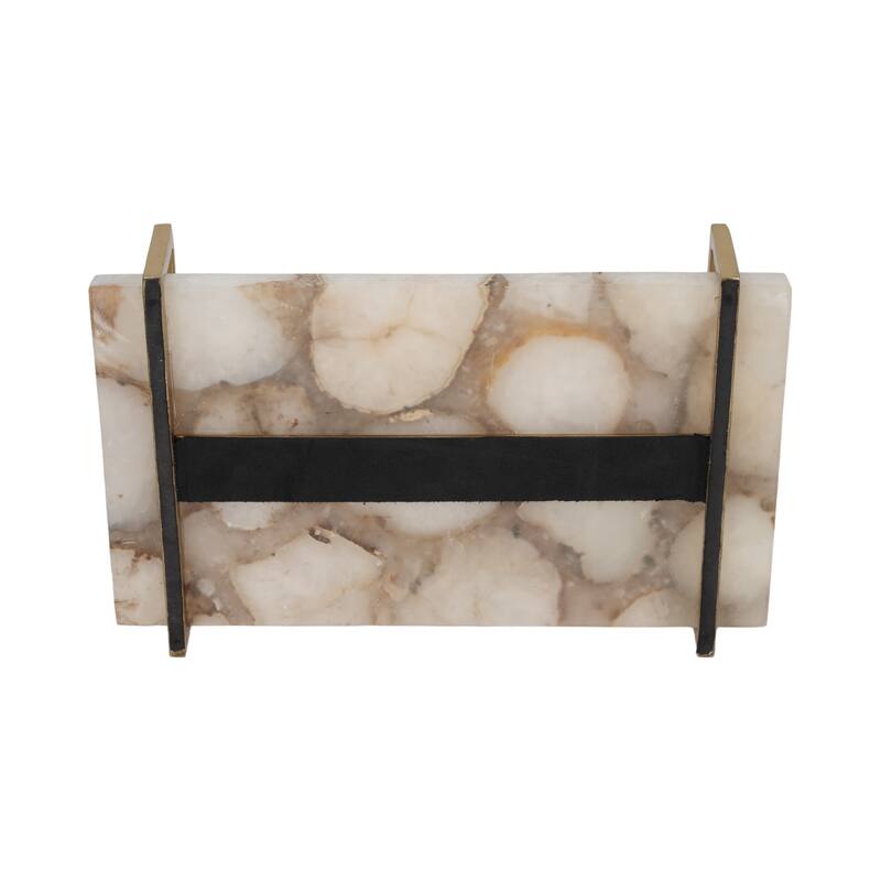 Rectangle Agate Tray with Metal Handles -Home Decor - 14", Ivory & Tan - 14.0"