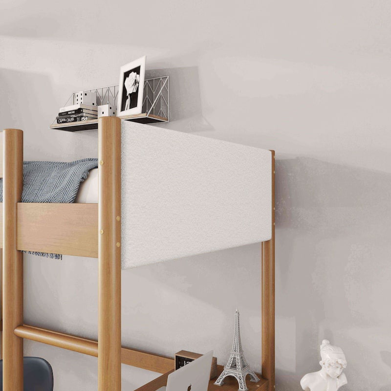 Twin Size Loft Bed with Built-in Desk, Upholstered Headboard & Footboard, Solid Rubber Wood Frame with Guardrails & Ladder