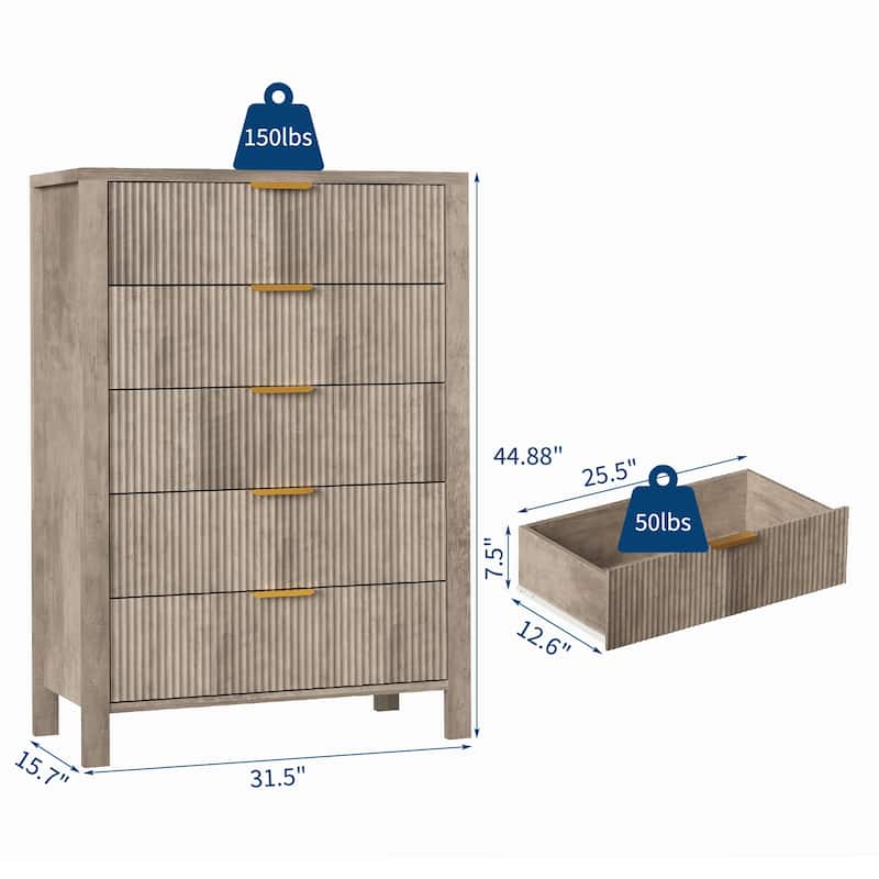 5-Drawer Dresser for Bedroom, 45" Tall Narrow Modern Chest of Drawers, Wooden Storage Cabinet or Nightstand