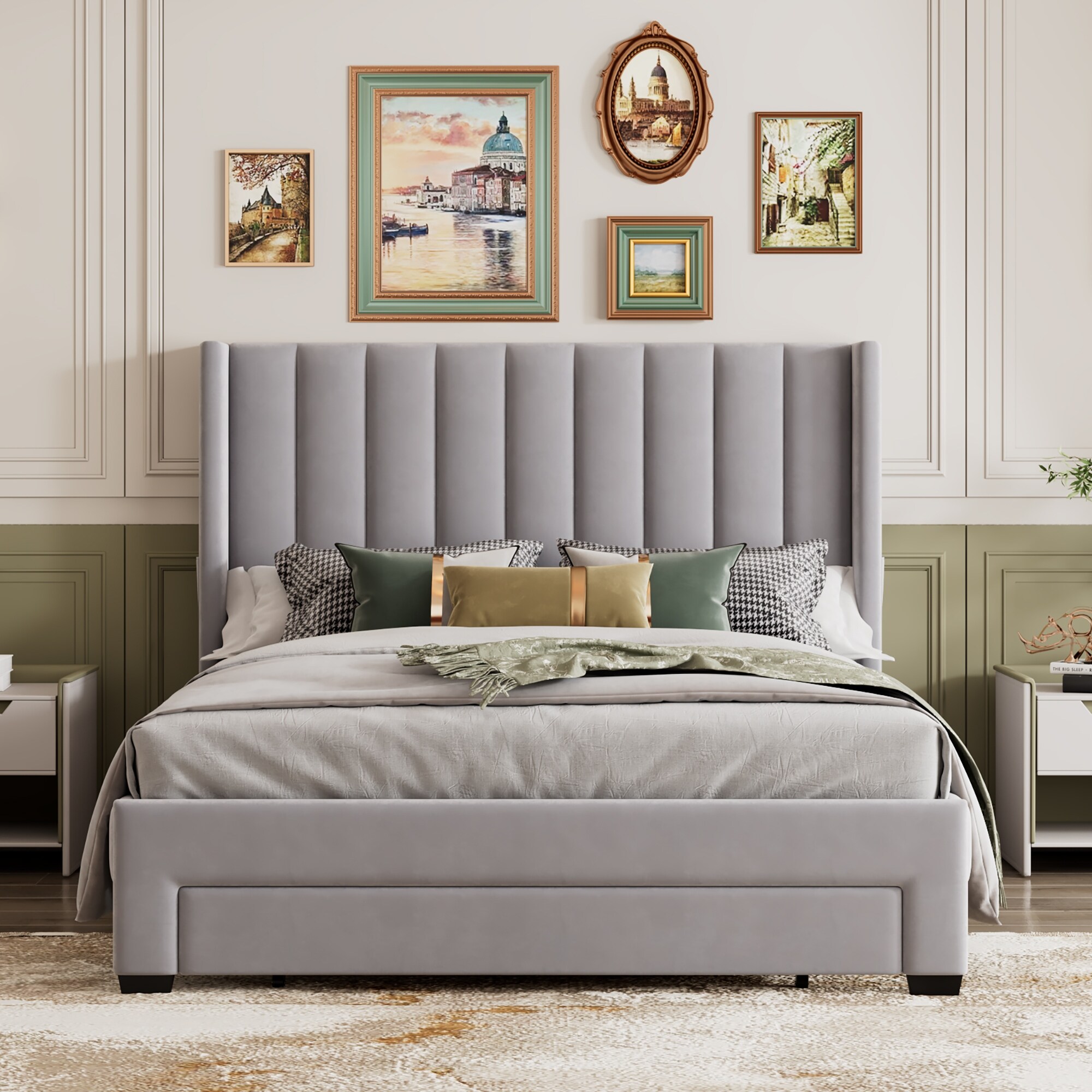 Queen Velvet Upholstered Storage Platform Bed with Big Drawer