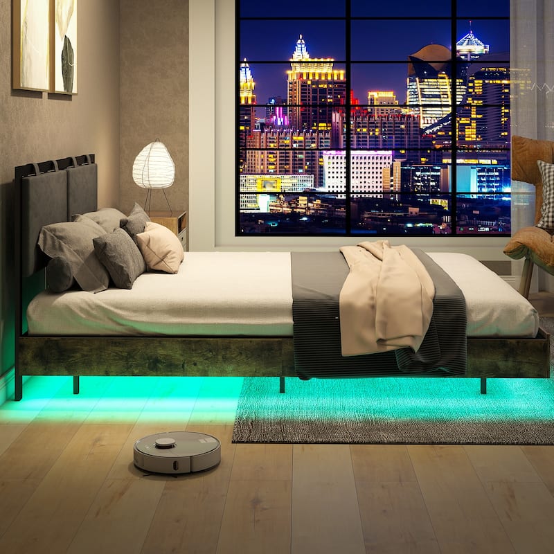 Floating Bed Frame with LED Lights, Hanging Upholstered Headboard No Box Spring Needed,Full Size