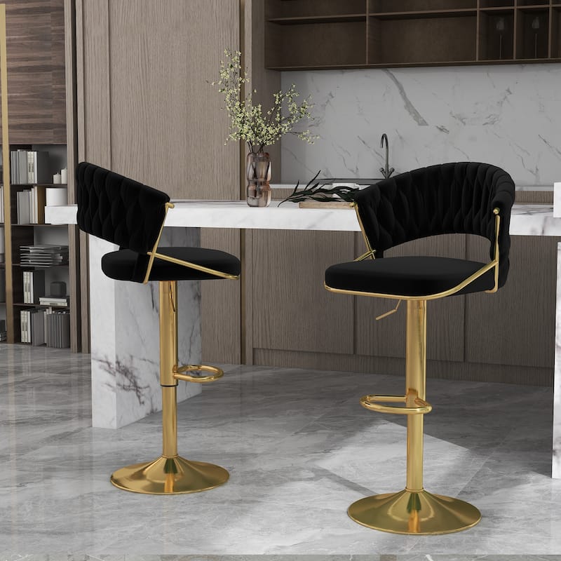 Set of 2 Modern Velvet Adjustable Bar Stools with Backs