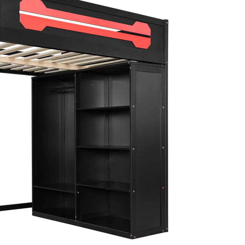 Full Size Gaming Loft Bed with Desk & Wardrobe, Wooden Storage Bed with RGB LED Lighting, Charging Station
