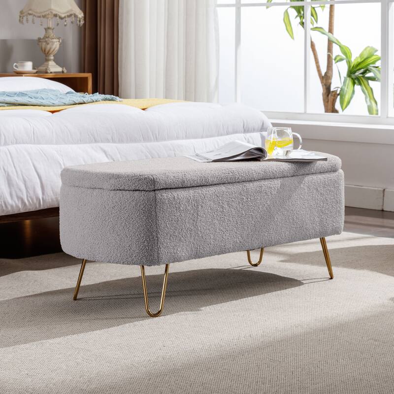 Modern Camel Fur Storage Ottoman with Gold Legs for Living Room Bedroom