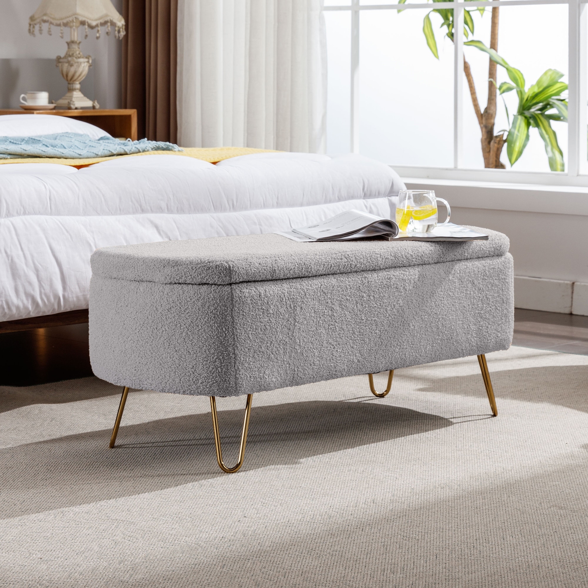 EDWINRAYLLC Storage Ottoman Bench Faux Fur Entryway Upholstered Bench Padded Standard Ottoman with Storage and Gold Legs, Grey