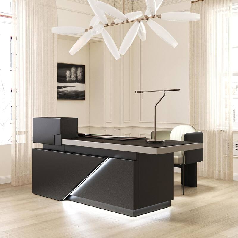 Black L Shaped Office Industrial Executive Desk with Cable Box Socket and LED Light - 78" - Black Right Return