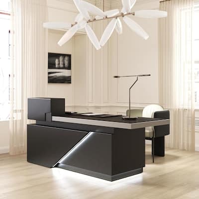 WESOME L Shaped Executive Desk with Cable Box Socket and LED Light for Home Office