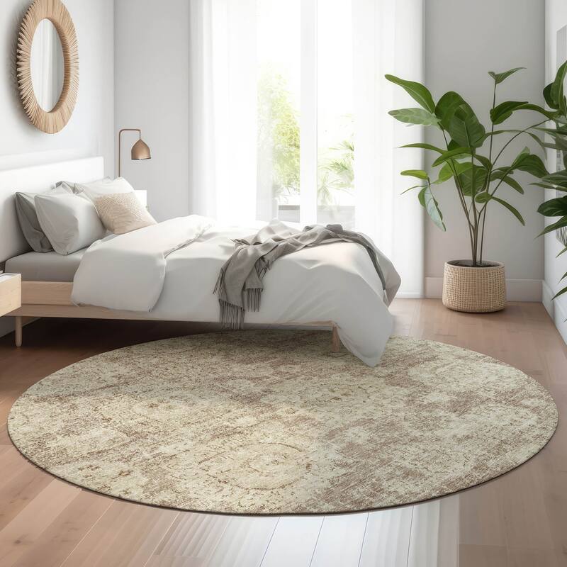Premium Washable Super Soft Vintage Traditional Mayfield Rug - Mocha - 8' x 8' - Round