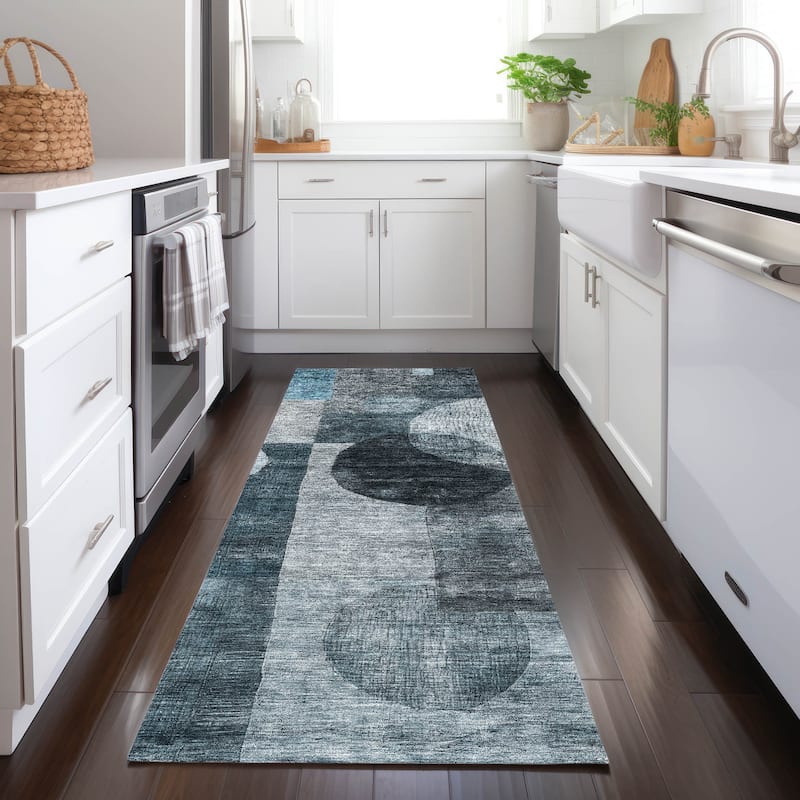 Machine Washable Indoor/ Outdoor Abstract Geo Chantille Rug - Teal - 2'3" x 7'6"