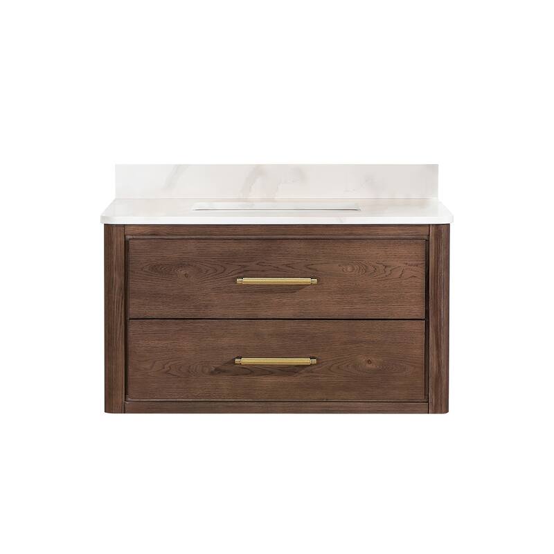 Cristo Floating Bath Vanity with White Quartz Stone Top without Mirror - 36 in. - Dark Brown Oak
