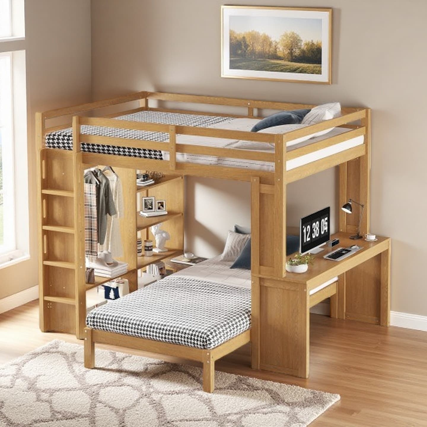 Queen Over Twin Solid Wood Loft Bed with Removable Lower Bed, Built-in Desk, Shelves & Wardrobe