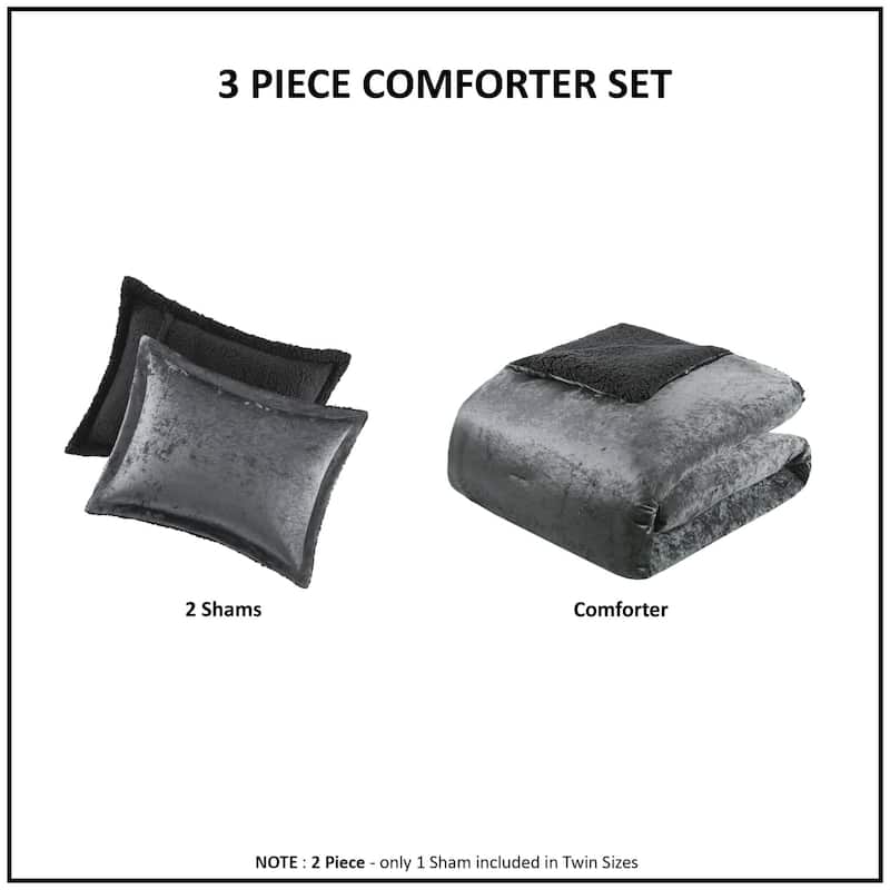 3 PCS Full/Queen Crushed Velvet Sherpa Reversible Comforter Set Charcoal