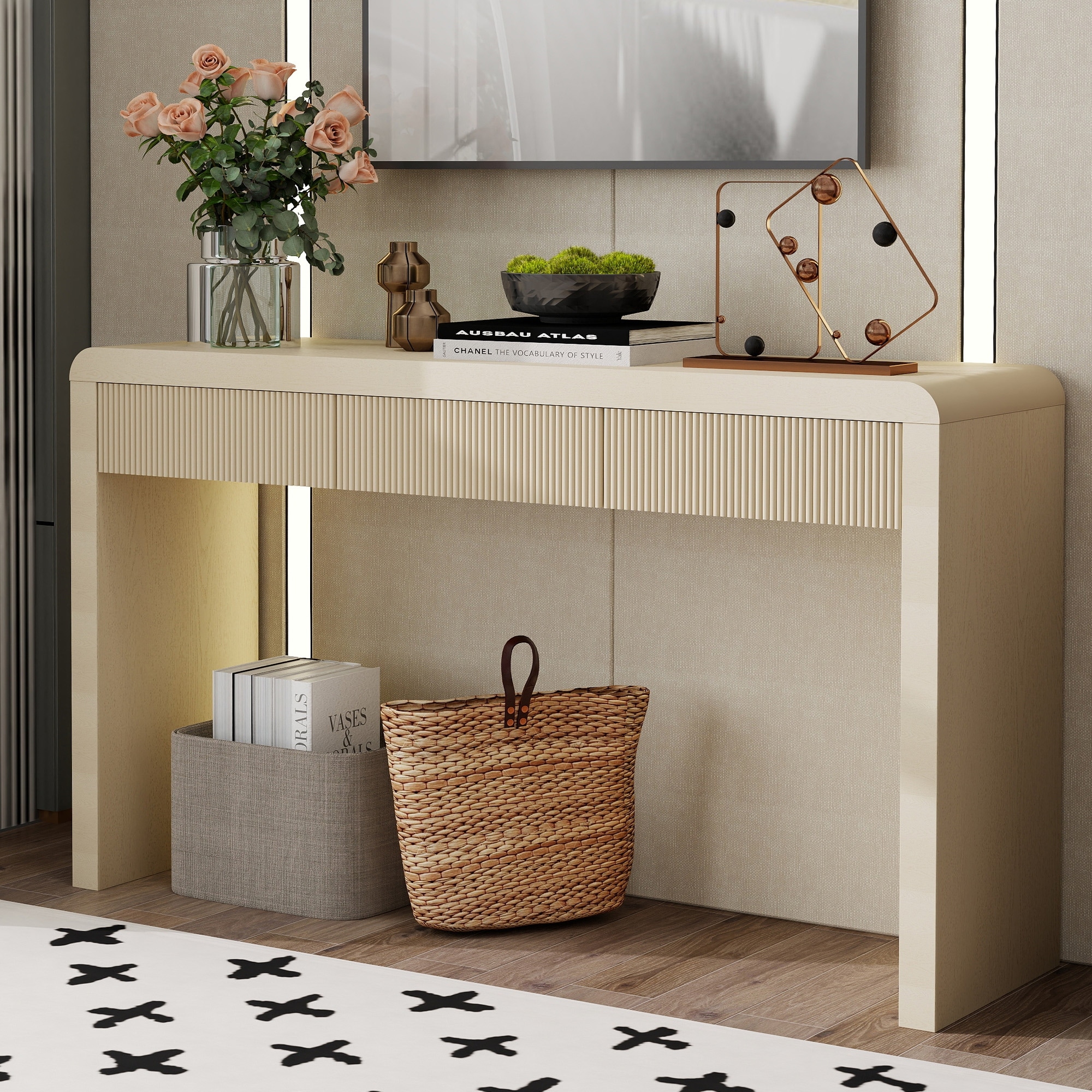 55" Rustic Console Table with 3 Fluted Drawers for Living Room and Hallway