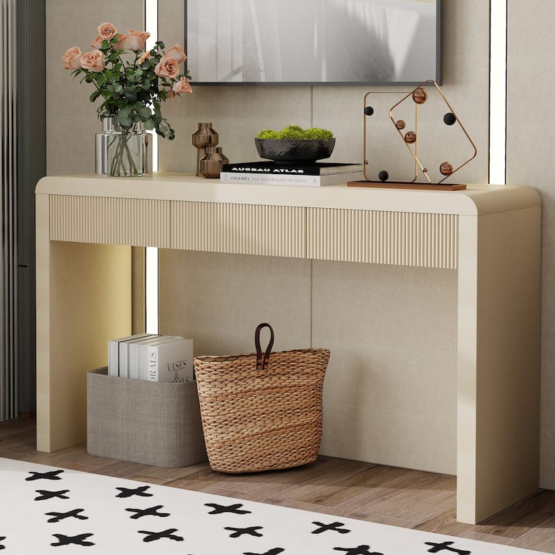 Curved Console Table with 3 Fluted Drawers, Solid Wood Veneer Entryway Table, Living Roomn Accent Table Hallway Side Table