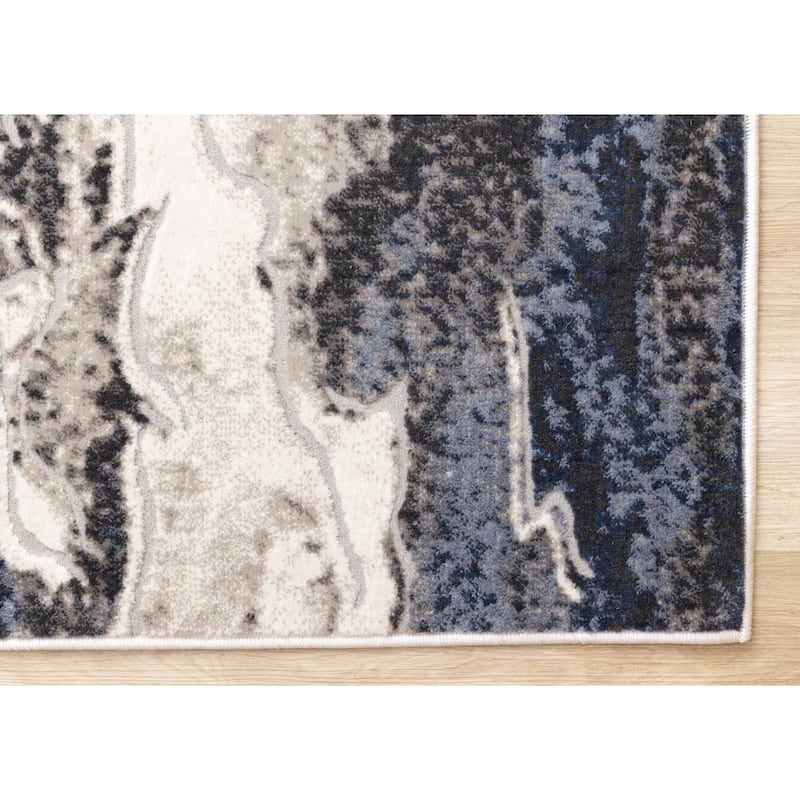 Blue Cream Grey Abstract Modern Area Rug, 5'3" x 7'7"