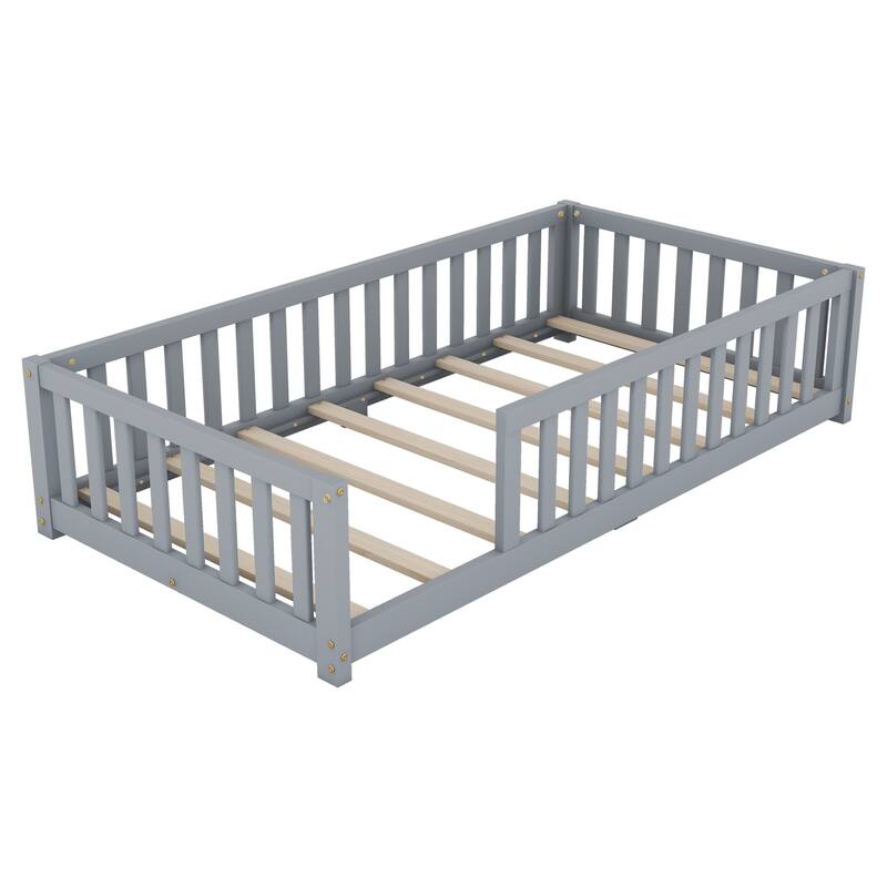 Twin/Full/Queen Size Floor Bed with Safety Guardrails for Kids, Wood Montessori Bedframe w/ Door, Children's Noiseless Beds