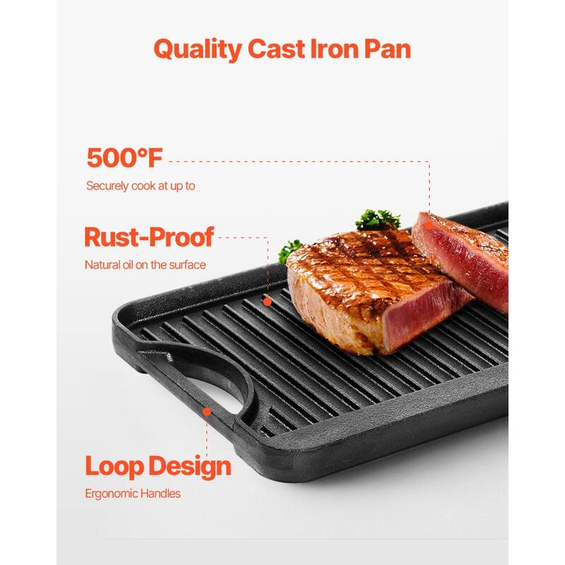 Black Reversible Flat Cast Iron Griddle Grill BBQ Pan with 500°F Heat Resistant for Indoor Outdoor Cooking