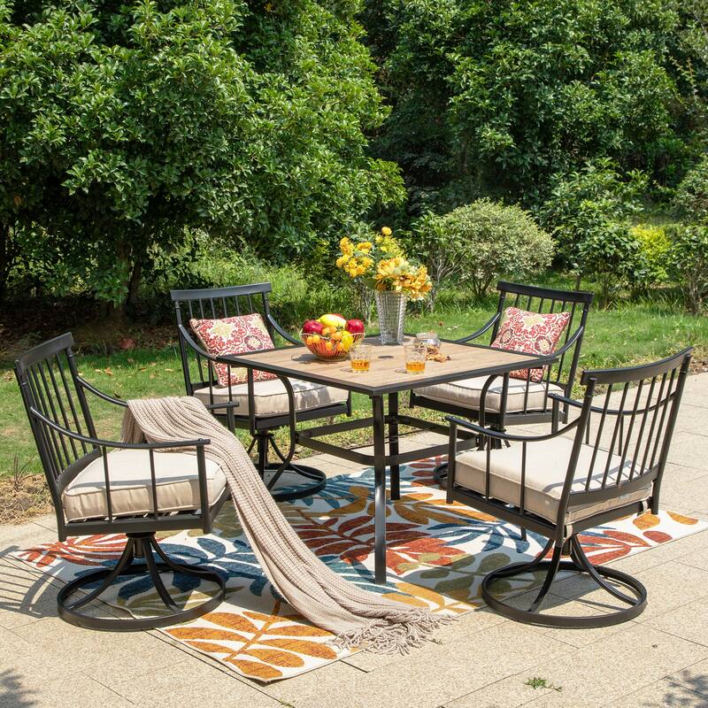MAISON ARTS Outdoor 5-Piece Dining Set Wood-look Square Table & 4 Dining Chairs - Swivel Chairs