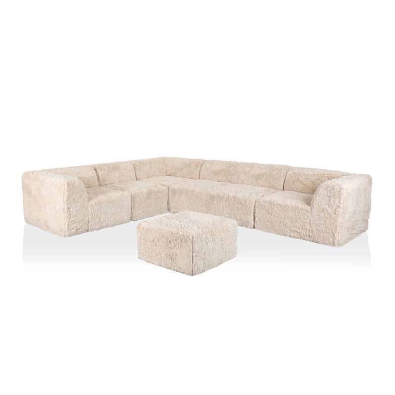 Furniture of America Ylena Modern 7-Piece Faux Fur Foam Modular Compressed Sectional Sofa with Ottoman