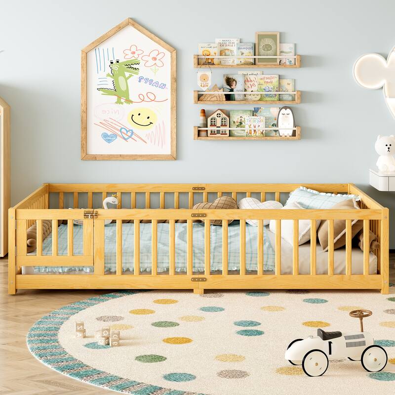 Queen Size Bed Floor Bed with Safety Guardrails and Door for Kids - Natural