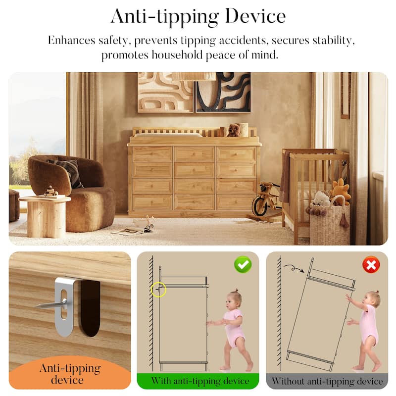 Extra Wide Solid Pine Wood 12-Drawer Changing Table Dresser – 59.9" Real Wood Nursery Dresser with Removable Topper