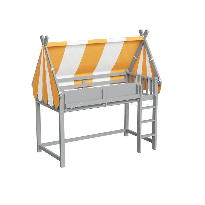 Loft Bed with Bright Yellow White Canopy, House-shaped Bed Frame Design with LED String Lights and Front Display Bookshelf