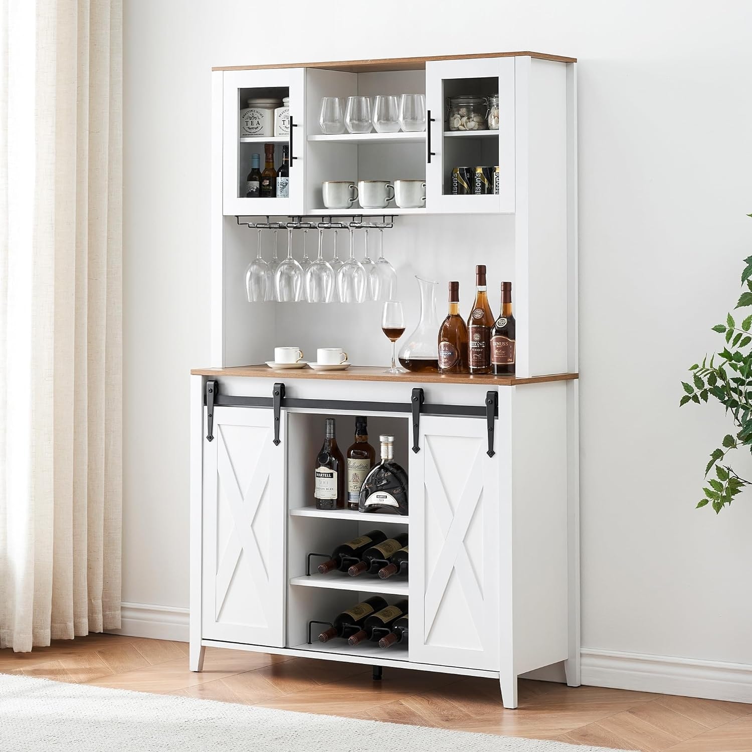 Farmhouse Coffee Bar Cabinet with Sliding Barn Doors